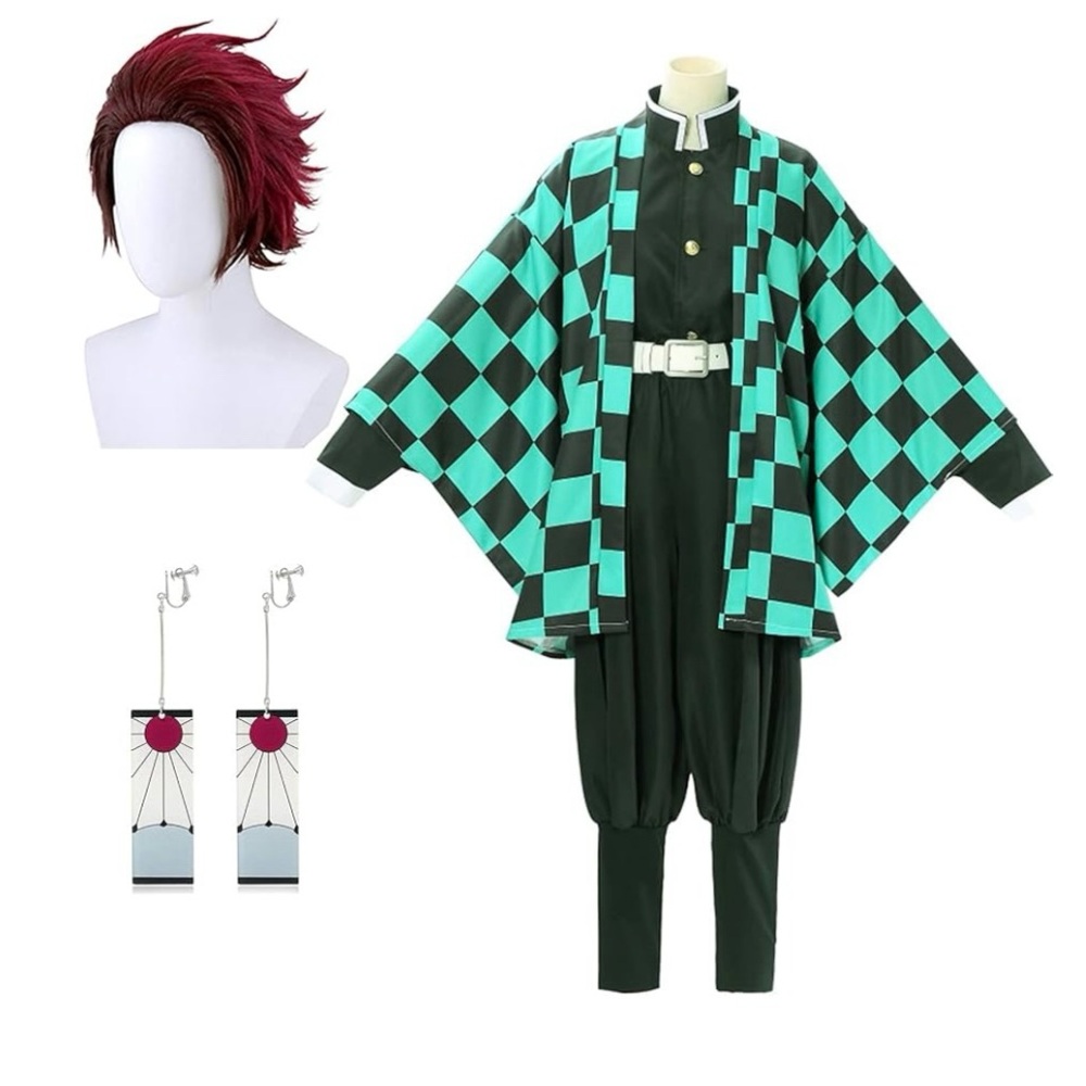 Demon Slayer Kamado Tanjirou Costume for Men Cosplay Wig Bundle